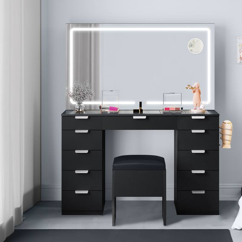 Makeup Table 11 Drawers Vanity Desk LED Lighted Mirror Glass Tabletop Bedroom - 46"L X 15.7"W X 55.9"H - Black