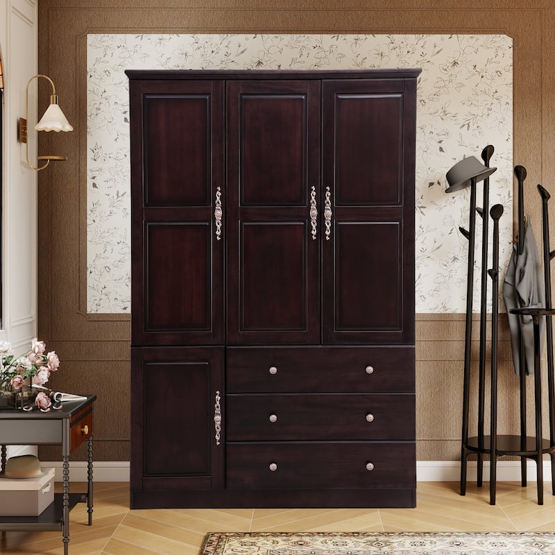 100% Solid Wood Black Walnut Armoire Wardrobe Closet with Drawer and Hanging Rod, Farmhouse Style Wardrobe Closet with 3 Door - Black Walnut 