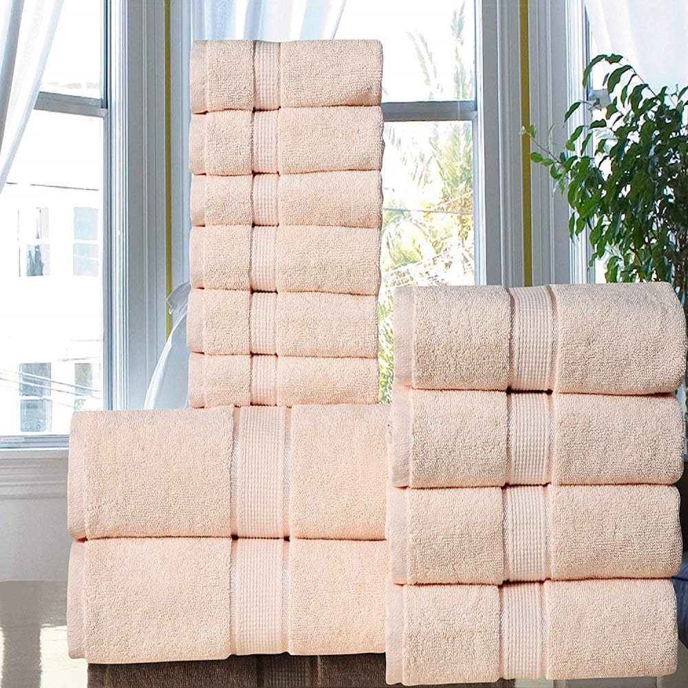 12 Piece Towel Set 600 GSM Long-Staple Combed Cotton Absorbent Bath Towels