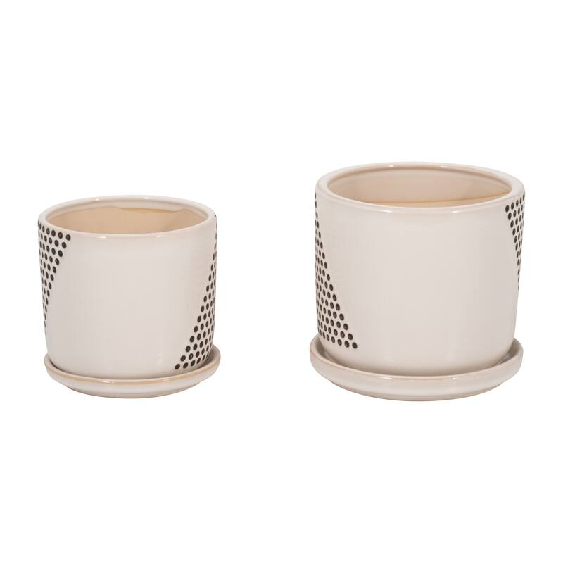 Handmade White and Black Ceramic Planters with Saucers (Set of 2)