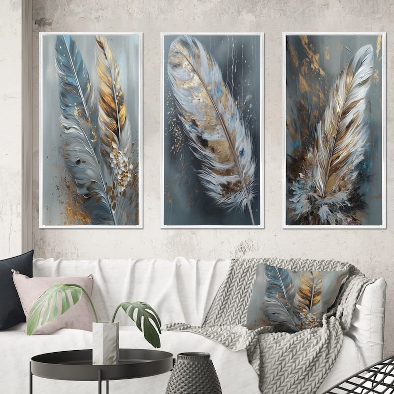 Designart "Gold Feather Wanderlust III" Glam Feather Framed Wall Art Set Of 3 Frame Gallery Set For Office Decor - 38 in. wide x 28 in. high - 3 Panels - White