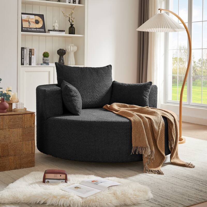 360° Swivel Accent Chair, Oversized Chenille Upholstered Round Barrel Chair, Lounge Reading Chair with 3 Removable Pillows