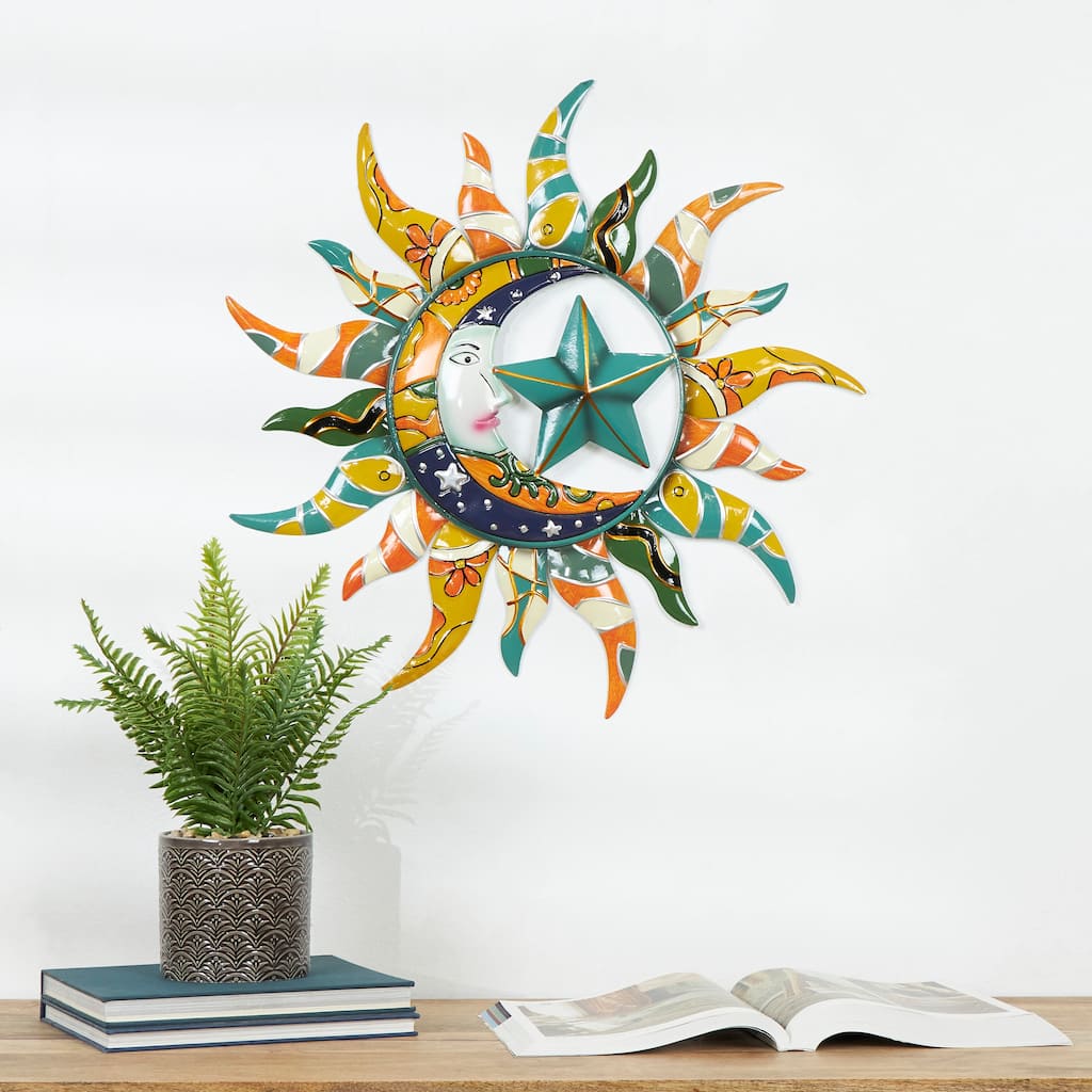 Multi Color Metal Eclectic Whimsical Celestial Sun Art Wall Sculpture
