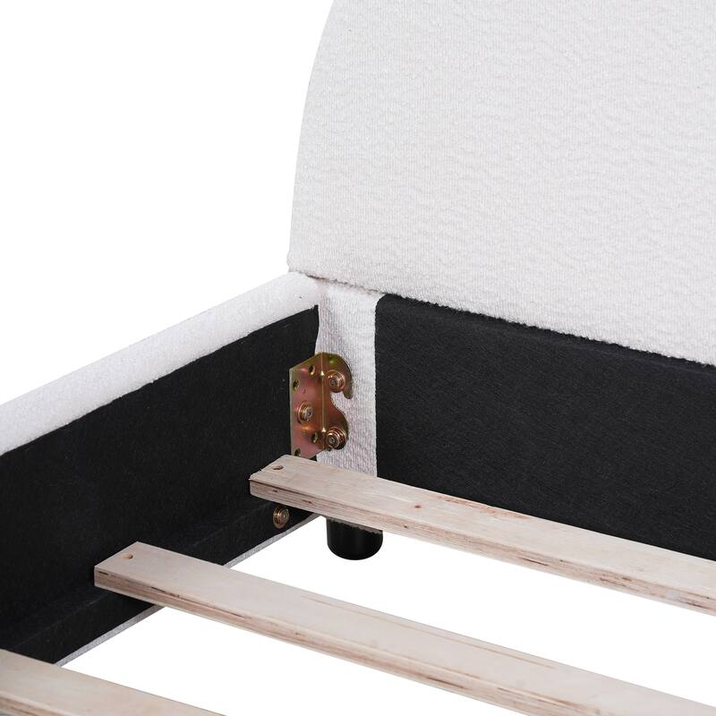 Luxury Boucle Upholstered Platform Bed with Round Curved Headboard, No Box Spring Needed