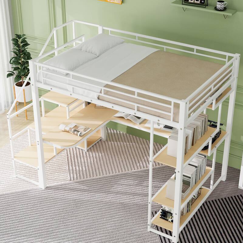 Full Size Metal Loft Bed with Small Wardrobe, L-shaped Built-in Desk, Storage Shelves & Storage Staircase, No Box Spring Needed