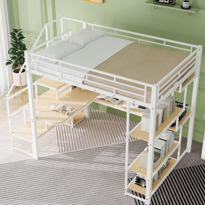 Roomfitters Full Size Metal Loft Bed with Wardrobe, Desk and Storage Staircase