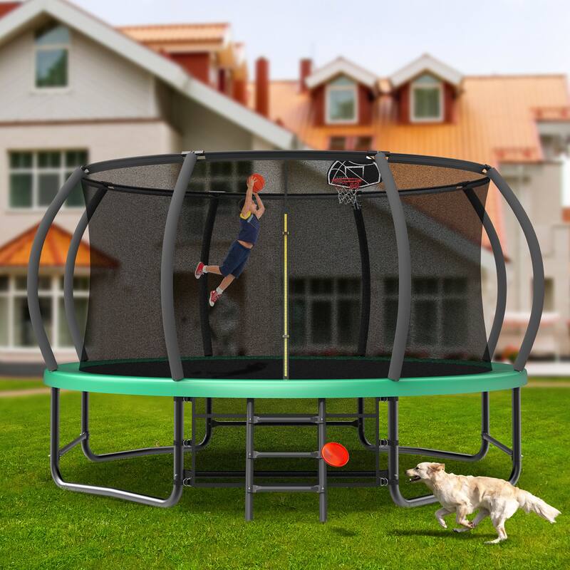 14FT Trampoline with Enclosure Recreational Trampolines with Ladder and AntiRust Coating, ASTM Approval Trampoline for Kids