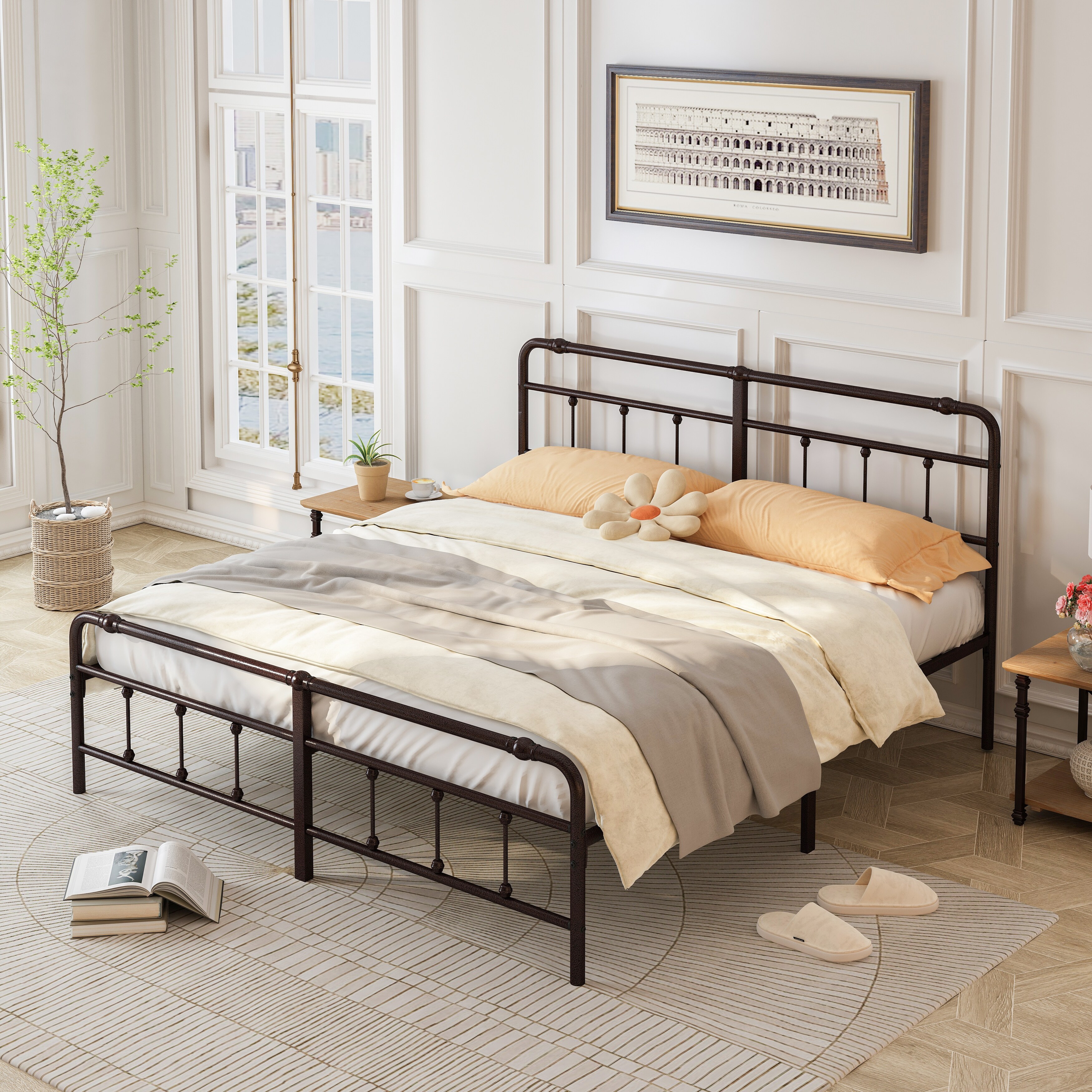 King Size Metal Platform Bed Frame with Victorian Style Wrought Iron