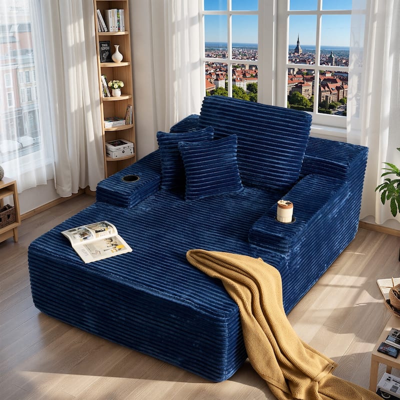 HOOOWOOO Modern Upgraded Fabric Chaise Lounge Sofa Couch with Holder - Blue