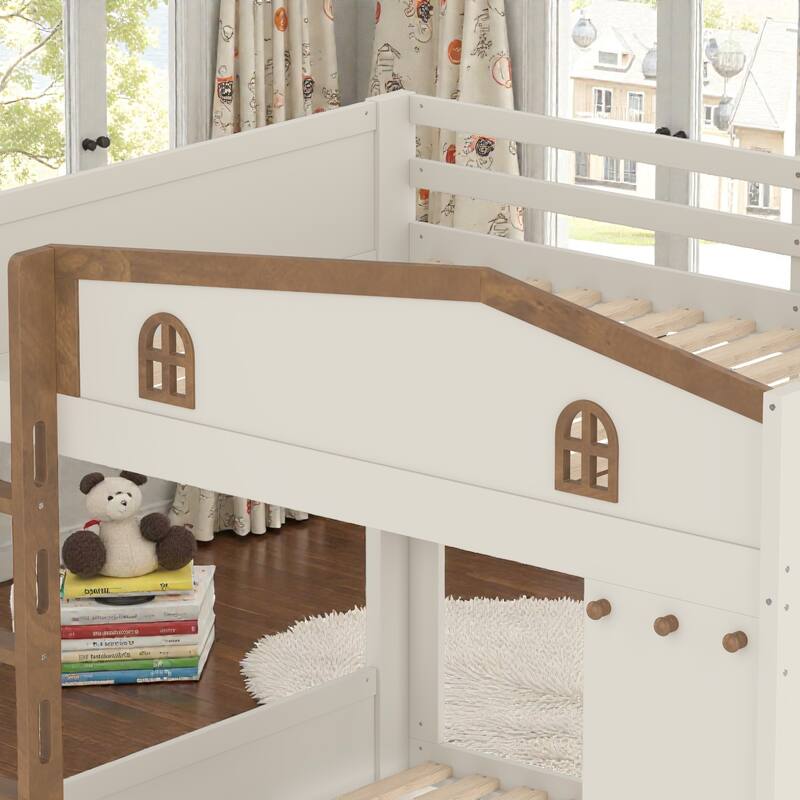 Solid Wood Bunk Bed with Trundle and Storage Shelves, Full Over Full/Queen Over Queen Bunk Bed with Hooks
