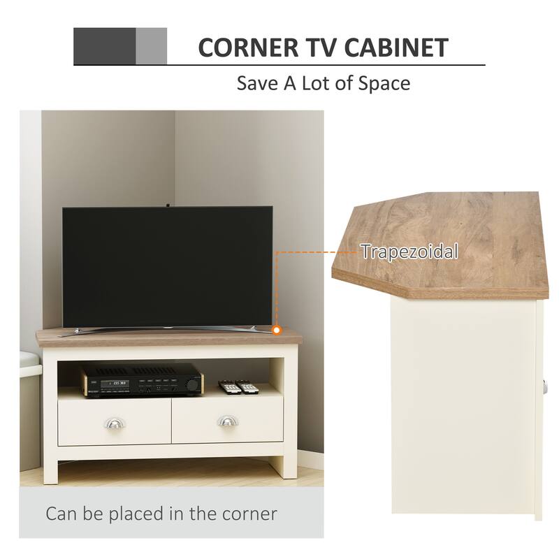 Modern Corner TV Stand Entertainment Center TV Console Table up to 50" with 2 Drawers and 1 Open Shelf, for Living Room, White