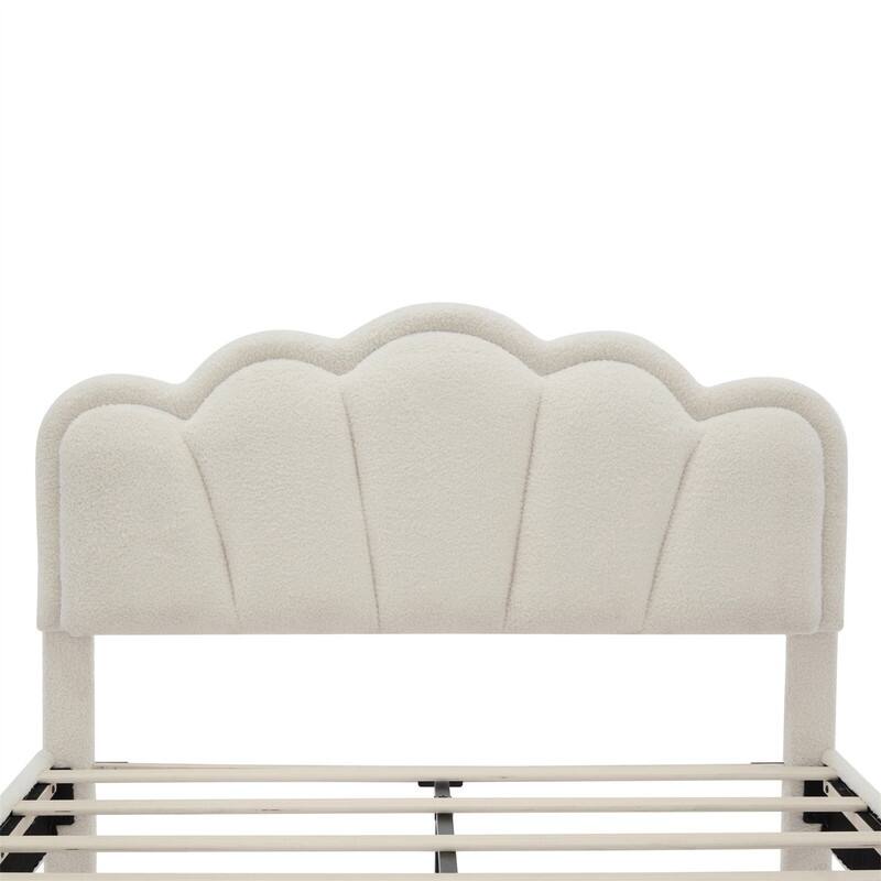 Upholstered Platform Bed with Flower-Shaped Headboard & LED Light Strip, Twin/Full Size Sherpa Fabric Bed Frame w/ Slats Support