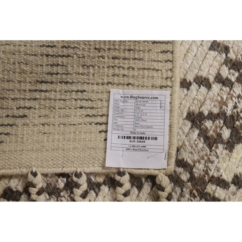 Geometric Moroccan Accent Rug Handmade Beige Wool Carpet - 2'0"x 3'0"