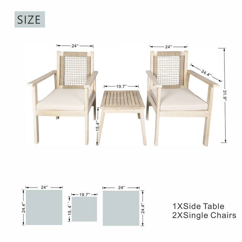 3-Piece Modern Outdoor Acacia Wood Chair Set with Side Table