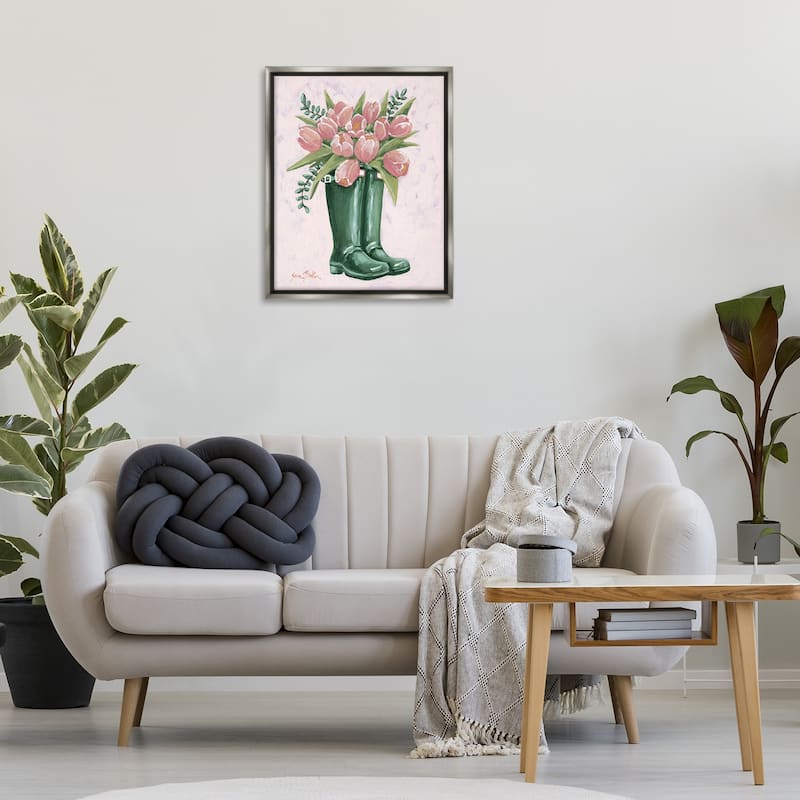 Stupell Pink Tulips in Boots Framed Floater Canvas Wall Art Design By Sara Baker