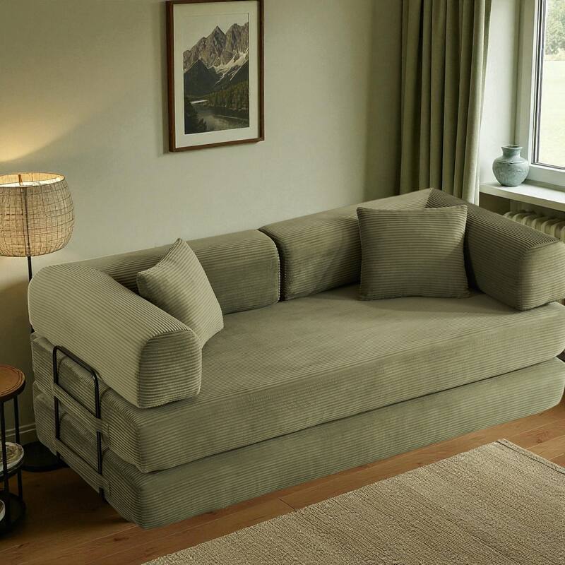 Convertible Corduroy Sleeper Sofa Bed, 4-in-1 Folding Mattress Couch with Cylindrical Pillow & Fixed-Shape Frame, No-Assembly - Green