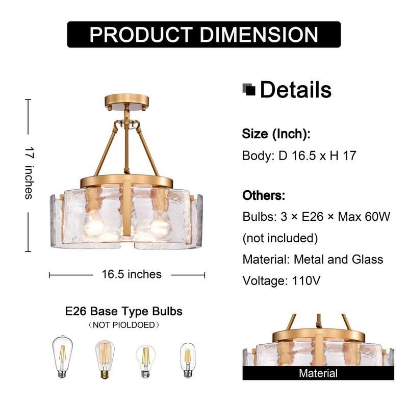 Reina 3-Light Water Textured Glass Panel Drum Semi Flush Mount
