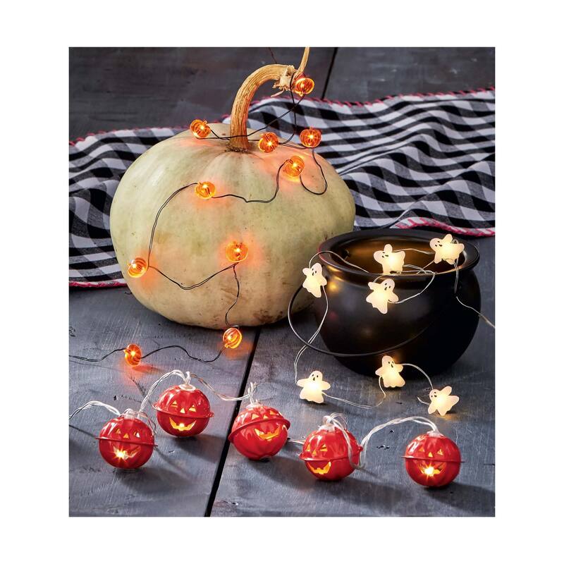 Jack-O-Lantern LED String Lights 65in Indoor Halloween Lantern Candle Holders Orange Plastic Ornaments