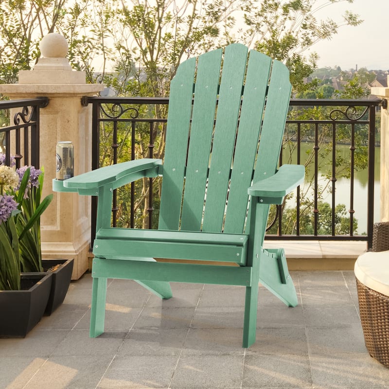 LIVOOSUN Outdoor Folding Adirondack Chair w/Cup Holder,Fire Pit Chairs - Dark Green