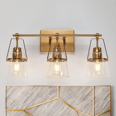 Modern Gold 3-Light Bathroom Vanity Light Clear Glass Wall Sconce - L 21.2" x D 5.5" x H 10.2"