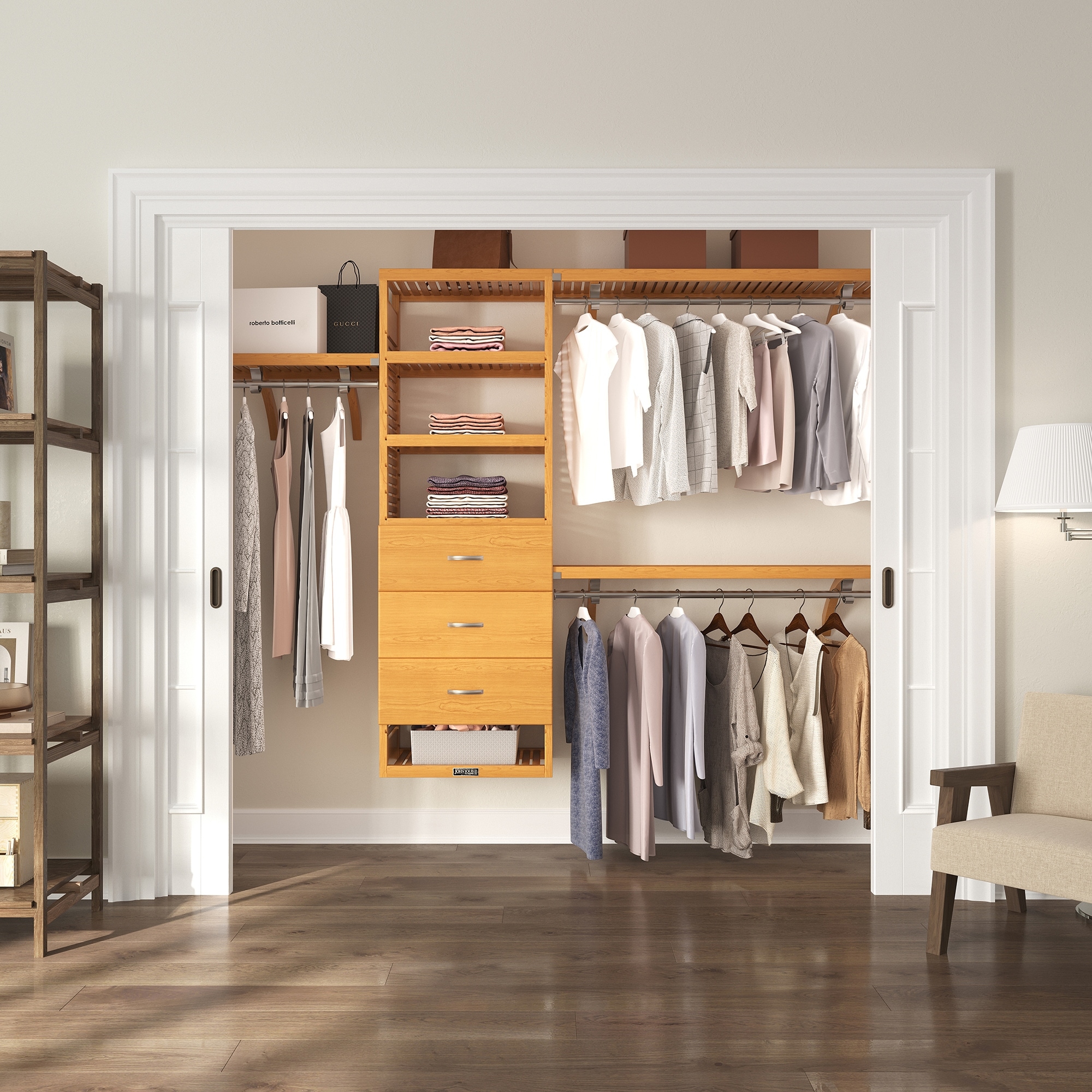 John Louis Home Solid Wood Walk-In Closet System with 3-Drawers Honey Maple
