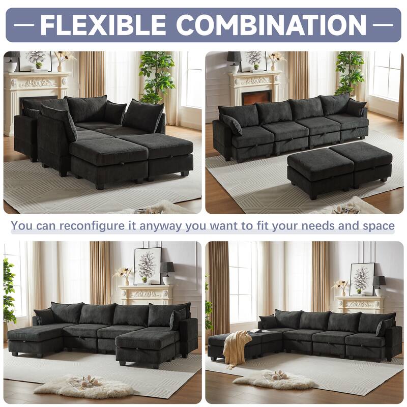 113.5" Corduroy U-Shaped Sectional Sofa with Storage Ottoman, 6-Seat Modular Design and Convertible Chaise