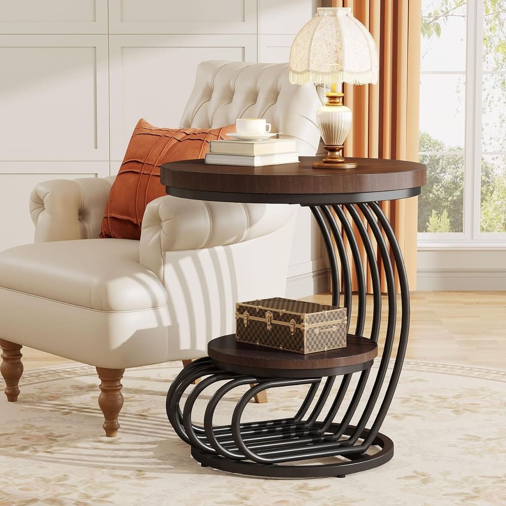 2 Tiers Faux Marble Side Table with Storage Shelf