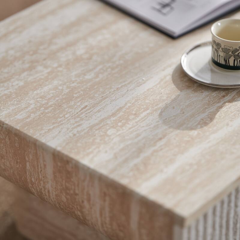 Coffee Table with Faux Marble Tabletop, Mid Century Modern Coffee Table with Fluted Drawer, Coffee Table for Living Room