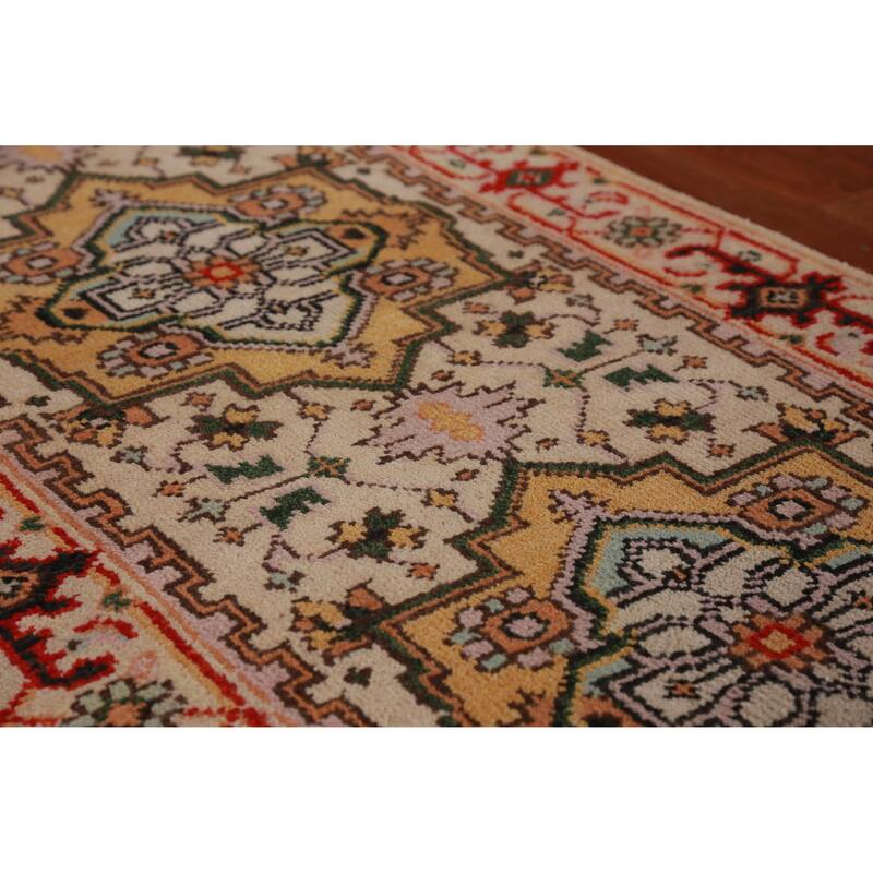 Hand Knotted Oriental 100% Wool Carpet Traditional Geometric Beige & Ivories Heriz (serapi) Runner Rug - 8' 1'' X 2' 7''