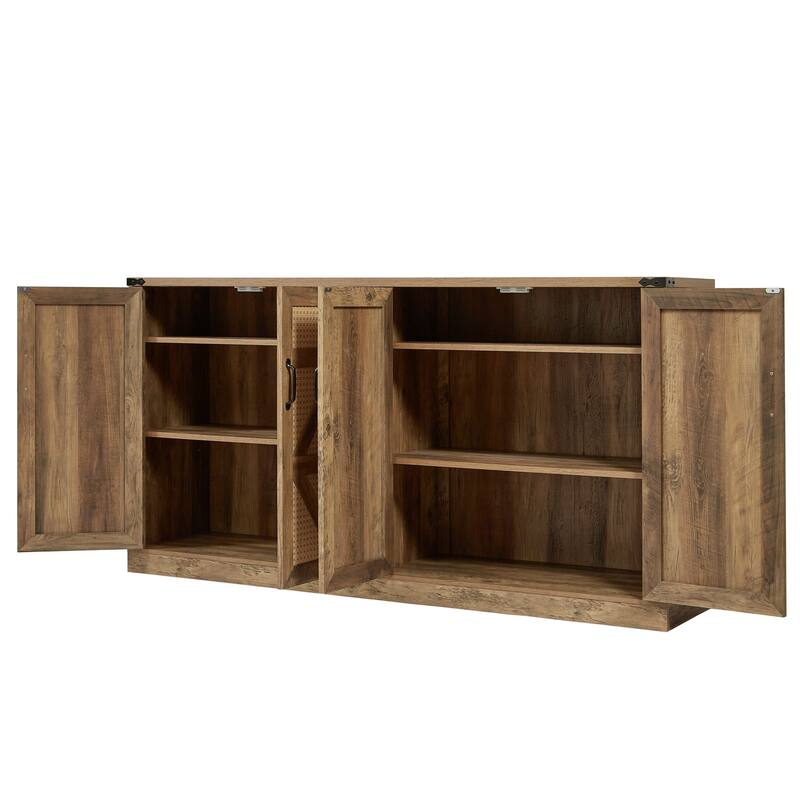 Rustic Faux Rattan Sideboard Adjustable Shelves Buffet Cabinet, Living Dining Room Accent Cabinet TV Cabinet Console Table, Oak