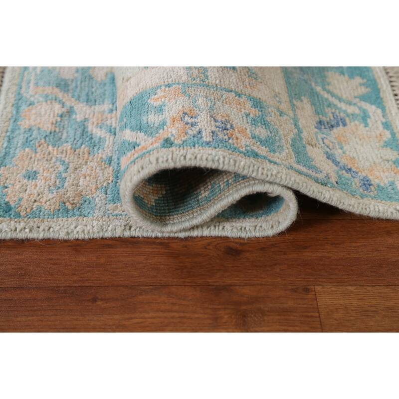 Hand Knotted Oriental 100% Wool Carpet Transitional Geometric Green Oushak Area Rug - 2' 11'' X 1' 11''