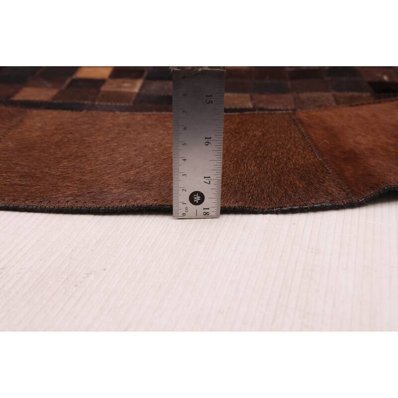ECARPETGALLERY Handmade Cowhide Patchwork Dark Brown Leather Rug - 5'0 x 5'0