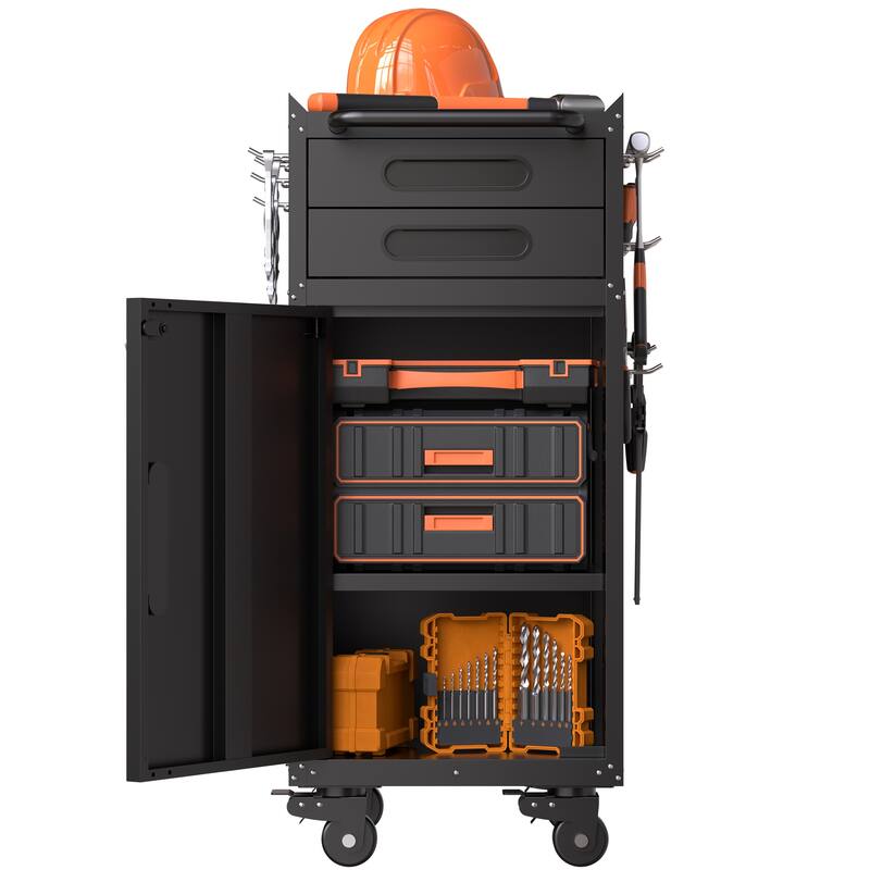 34.3" Narrow Rolling Tool Cabinet - Space-Saving Garage Storage with Lockable Door, 2 Drawers and Large Handle