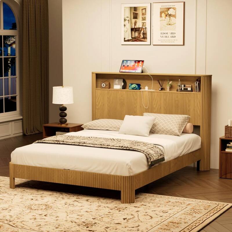 Queen Size Silent Operation Bed Frame with Headboard and Charging Station