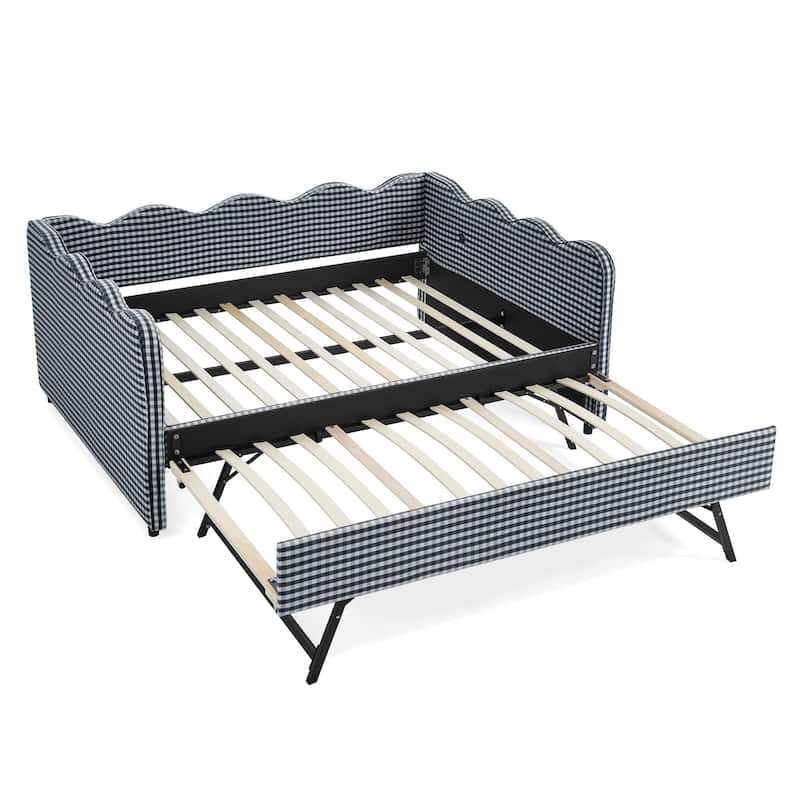 Full Size Gingham Daybed with Twin Trundle, USB Port, Wave Shaped Design & Linen Fabric - No Box Spring Needed