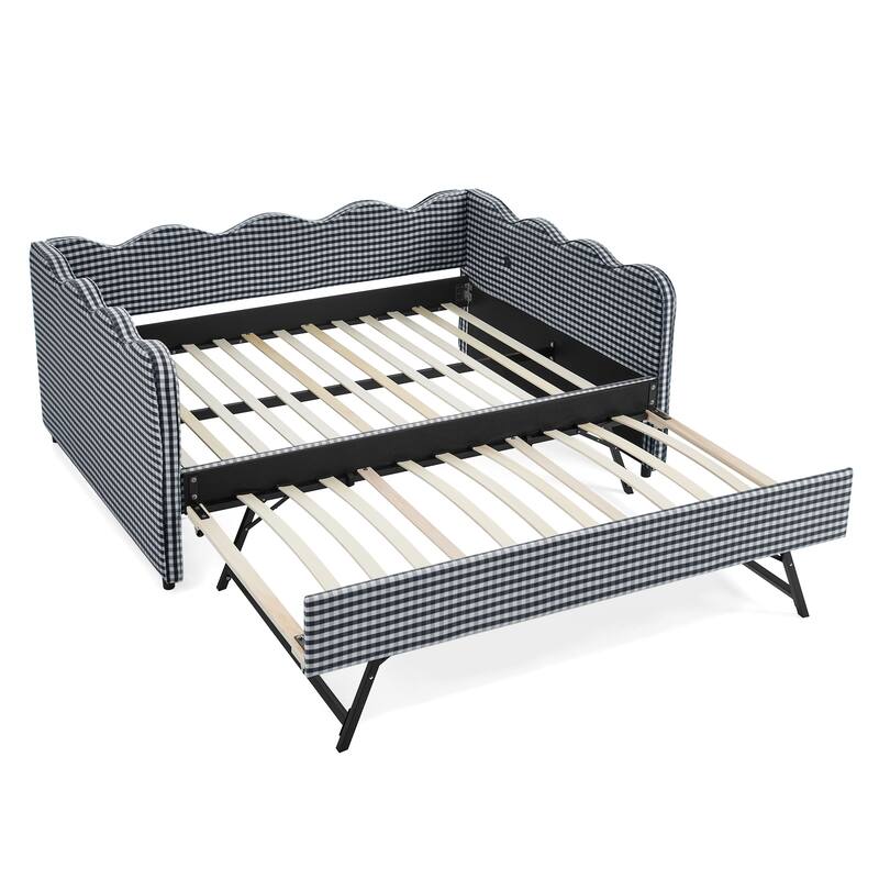 Upholstery Daybed Full Size Sofa Bed with Twin Size Trundle and Charging Ports, Linen Fabric Plaid Pattern and Wavy Silhouette