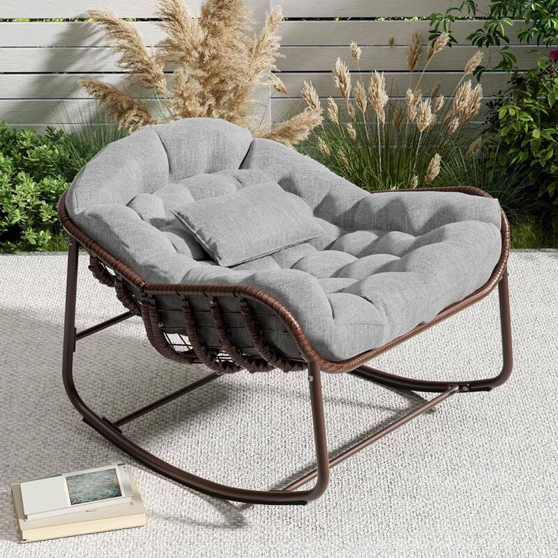 Outdoor Rocking Chair, Wicker Lounge Chair with Cushion for Balcony Backyard Porch Bedroom - 1PC