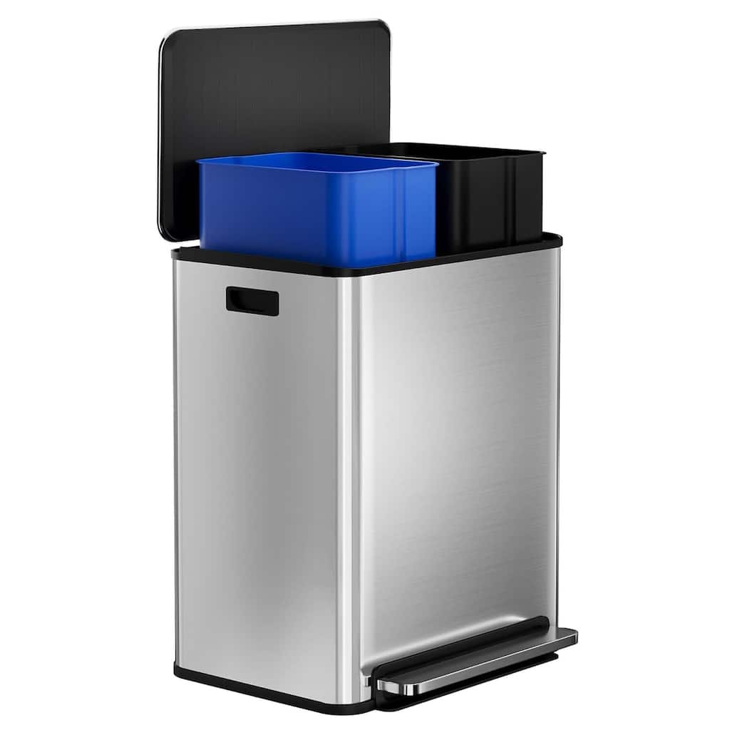 16 Gal Step-on Dual Compartment Stainless Steel Trash Can with Soft-Close Lid for Home, Office & Kitchen Use