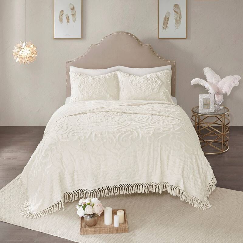 Tufted Cotton Chenille Medallion Fringe Coverlet Mini Set Off-White Full Queen - Off White