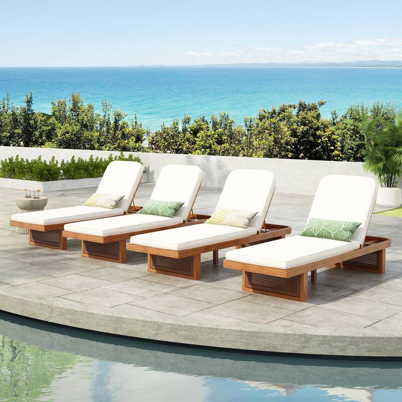 Christopher Knight Home - Alarice Acacia Wood Reclining Outdoor Lounge Chair with PE Rattan Accents and Plush Cushion - Natural + Beige + 4 Piece
