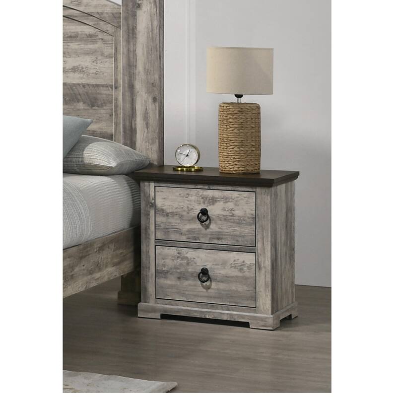 Rustic Gray Two-Tone 2-Drawer Nightstand with Metal Knobs, Contemporary Bedroom Furniture