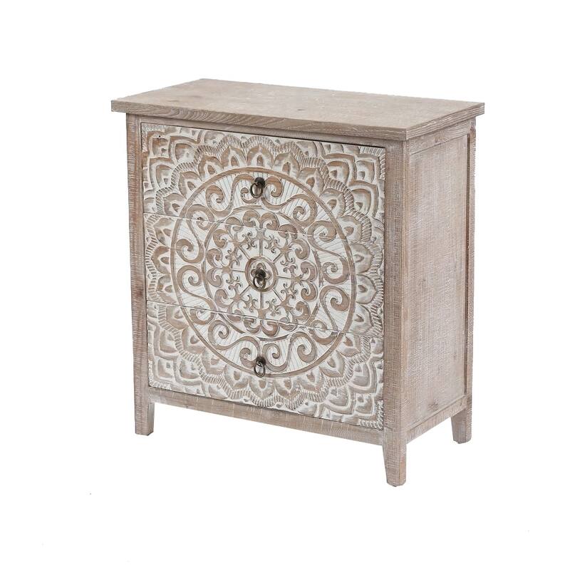Rustic Natural and Whitewashed Wood Floral 3-Drawer Chest - 30.5" H x 28.5" W x 14.25" D