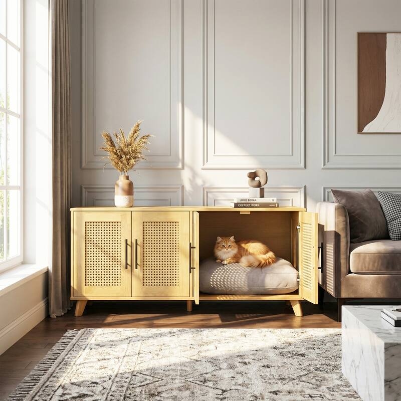 Christopher Knight Home - 47"W Rubber Wood Cat Cabinet with Rattan Doors & Cushion