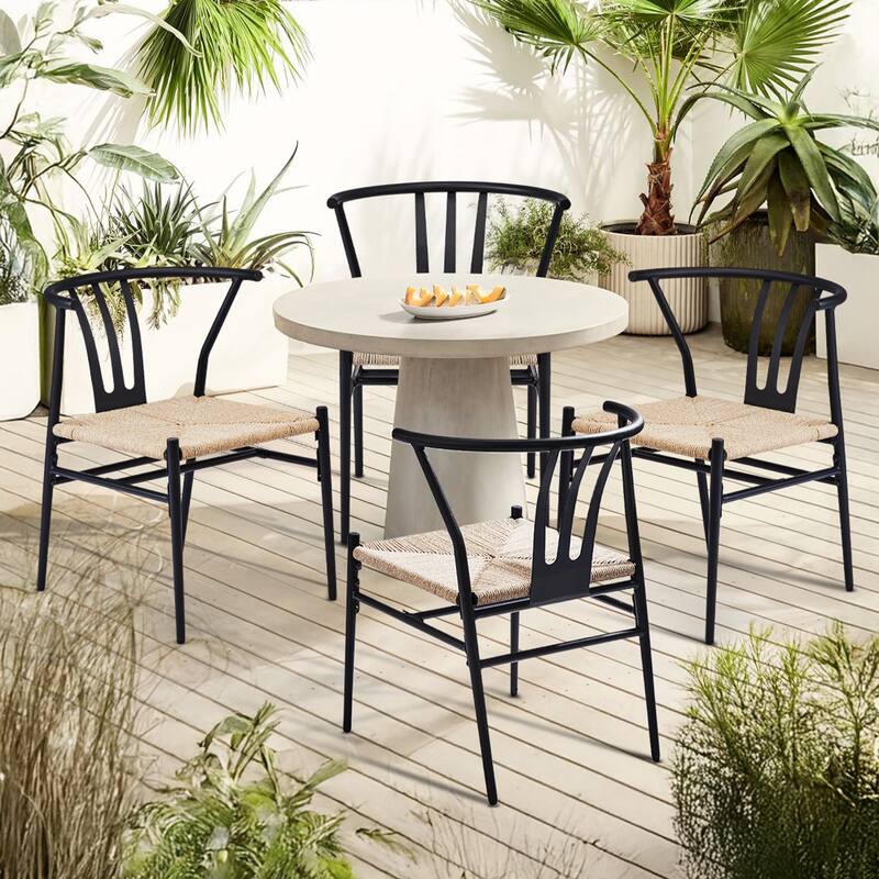 Set of 4 Hand-Woven Rope Dining Chairs with Metal Frame and Curved Back Ergonomic Design - 23” x 18.3” x 31.5”