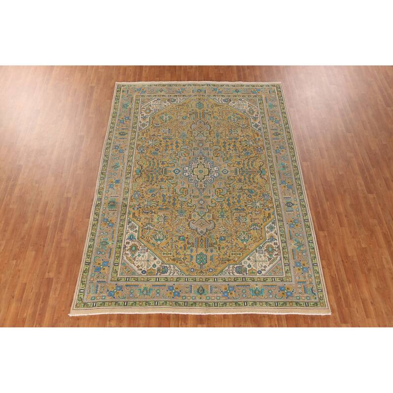 Hand Knotted Oriental 100% Wool Carpet Traditional Medallion Yellow & Gold Tabriz Area Rug - 11' 5'' X 8' 1''