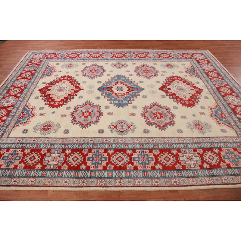 Hand Knotted Oriental 100% Wool Carpet Traditional Geometric Beige & Ivories Kazak Area Rug - 11' 1'' X 8' 4''