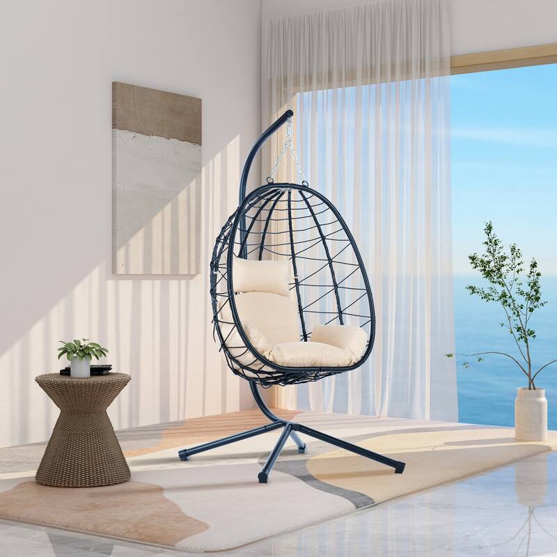 Rattan Hanging Chair with Stand & Cushion