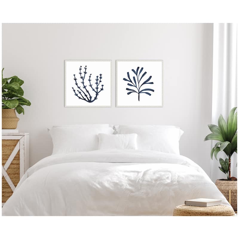 Kate and Laurel Sylvie Beaded Coastal Coral Seaweed Botanical 4 and 6 Framed Canvas Art Set by The Creative Bunch Studio