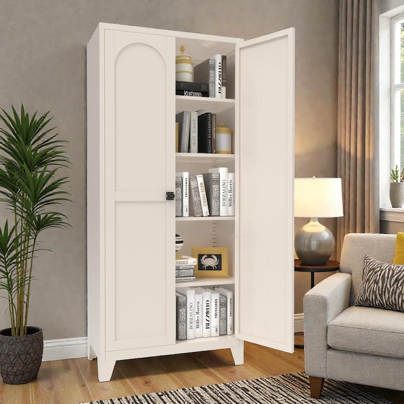 71'' Metal Storage Cabinet with Shapely Doors, Adjustable Shelves, Tall Steel Organizer for Bedroom, Living Room or Kitchen - Cream