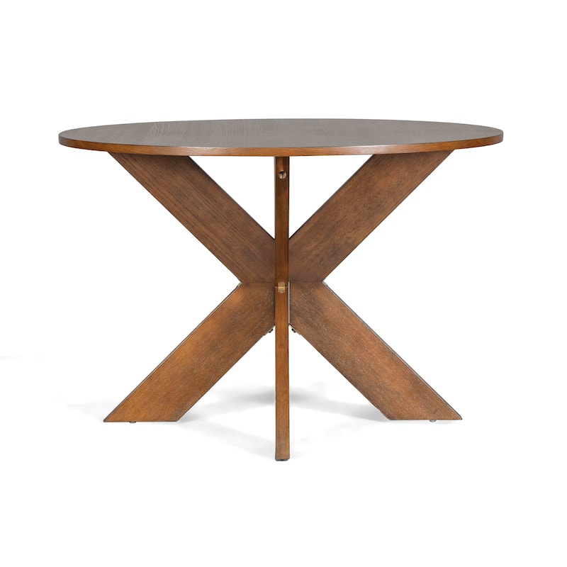 Roomfitters Round Dining Table with X-Base, Solid Wood Construction, Modern Farmhouse Kitchen and Dining Room Table, Walnut